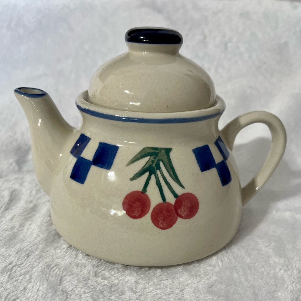 Vintage Teapot ~ Hand Painted Blue/White Checkered with Cherries ~ Ceramic